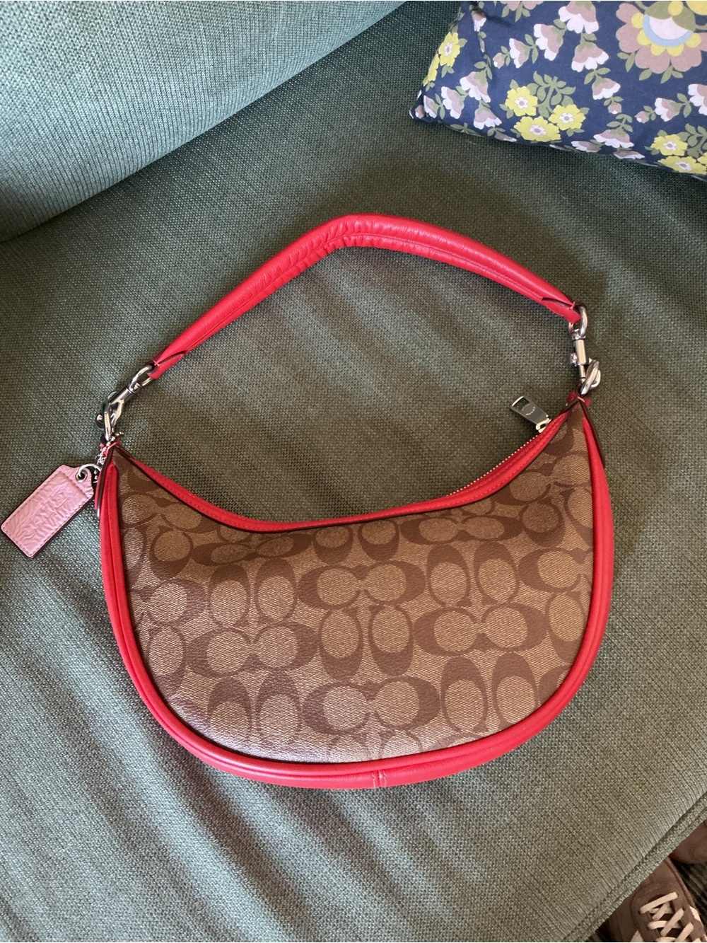 Coach Brown Signature Canvas Crescent Shoulder Bag with Red Trim - Picture 7 of 8